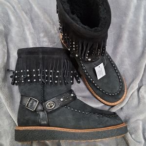 COACH Roccasin Suede Embellished Fringe Booties